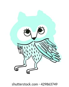 Owl eyes are staring intently, Art colouring book, hand drawn, illustration bird, T-shirt Graphics, cute cartoon characters 