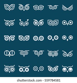 Owl eyes. Unique vector white elements on dark background.Big Set of elements for design.