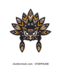 Owl face with Indian feathers. Owl from patterns. Good for logos, prints and postcards. Vector illustration