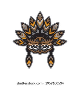 Owl face with Indian feathers. Owl from patterns. Good for tattoos, prints, and postcards. Vector