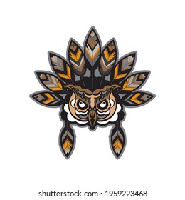 Owl face with Indian feathers. Owl from patterns. Good for prints. Vector illustration