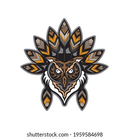 Owl face with Indian feathers. Owl from patterns. Good for tattoos, prints, and postcards. Vector illustration
