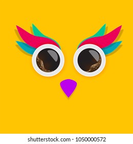 Owl face made of coffee cups and paper art.Coffee concept. Vector Illustrator 