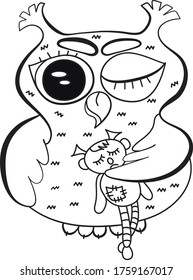 The owl falls asleep. Vector drawing for printing on t-shirts, mugs, pillows. Coloring book for children.