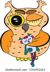 The owl falls asleep. Vector drawing for printing on t-shirts, mugs, pillows. Color drawing for printing.