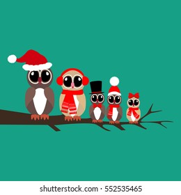 Owl family in hats on the branch illustration on the green background. Vector illustration