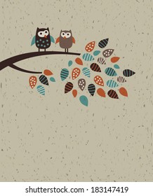 Owl family and leaves The happy birds family on the brunch. Empty place for text. Color vector illustration on the craft textured background.