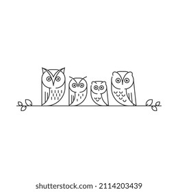 Owl family line art illustration. Mother, Father, brother and sister