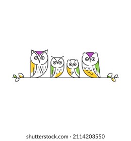 Owl family line art illustration. Mother, Father, brother and sister
