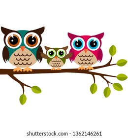 Owl family on a branch 