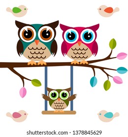 Owl family on a branch with birds