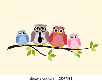 Owl family sitting on a branch vector 