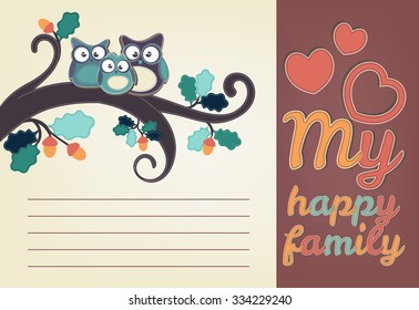 Owl family sitting on a tree branch. Greeting card template