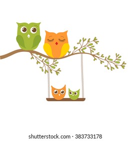 Owl family sitting on a tree branch. Father, mother, son and dauther. Vector family concept. 