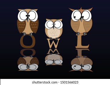 The owl family stands on the letter sign.
Cartoon vector