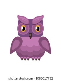 owl (Filin) with lilac plumage and yellow eyes, cartoon style