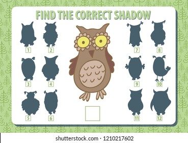 Owl. Find the correct shadow. Game. Horizontal album a4 page. Vector illustration. 