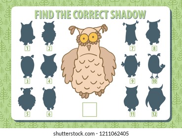Owl. Find the correct shadow. Game. Horizontal album a4 page. Vector illustration. 