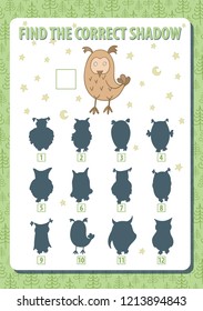 Owl. Find the correct shadow. Game. Vertical portrait a4 page. Vector illustration. 
