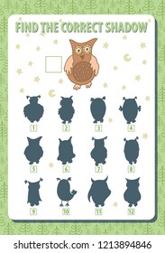 Owl. Find the correct shadow. Game. Vertical portrait a4 page. Vector illustration. 