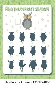Owl. Find the correct shadow. Game. Vertical portrait a4 page. Vector illustration. 