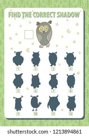Owl. Find the correct shadow. Game. Vertical portrait a4 page. Vector illustration. 