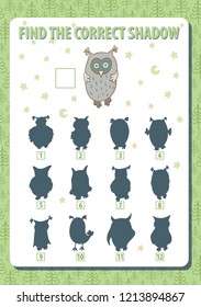 Owl. Find the correct shadow. Game. Vertical portrait a4 page. Vector illustration. 