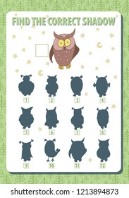 Owl. Find the correct shadow. Game. Vertical portrait a4 page. Vector illustration. 