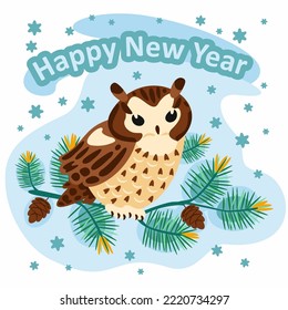 Owl with fir branches and cones on a white background. Winter holiday background.