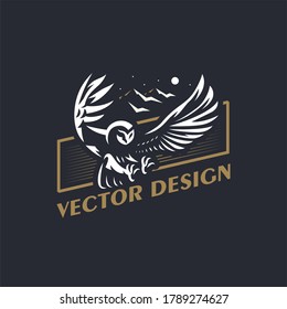The owl flaps its wings and flies. Stylized vector illustration.