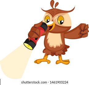 Owl with flashlight, illustration, vector on white background.