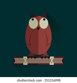 Owl in a flat style sits on the book, the shadow of the gradient