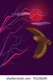 Owl  flies by night and the sky a full moon
