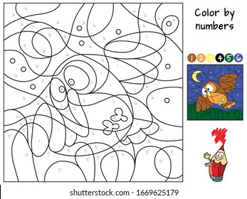 Owl flies at night. Color by numbers. Coloring book. Educational puzzle game for children. Cartoon vector illustration