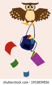 an owl flies with school supplies, a backpack, pencil, paper. owl at school