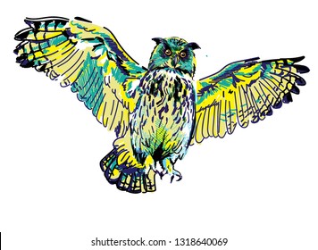 Owl flies spreading its wings. Drawing by hand, drawing markers. Multicolored stylish pattern. Flying bird.