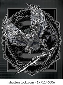 Owl in Flight with Magic Sword. Owl bird symbolizing wisdom. Illustration for print