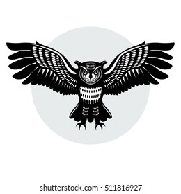 Owl in flight, with outstretched wings and claws released. The silhouette of the lines. Logo. eps8