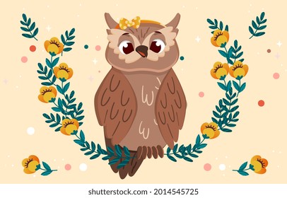 Owl with floral wreath. Cute hand drawn bird for posters, banners and social networks. Symbol of wisdom. Design element. Cartoon flat vector illustration on beige background with geometric patterns