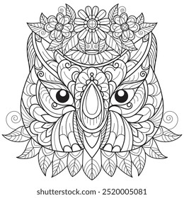 Owl and flower crown hand drawn for adult coloring book
