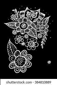 Owl with Flower Doodle Vector Black Background