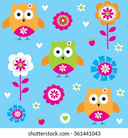 owl in the flower garden vector illustration