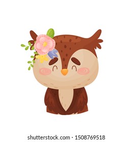 Owl with a flower on his head. Vector illustration on a white background.