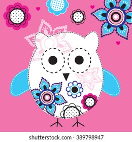 owl with flower on pink background vector illustration