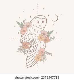 Owl with flowers and abstract background, vector art