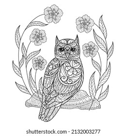 Owl and flowers. Hand drawn sketch illustration for adult coloring book