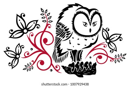 Owl with flowers and leaves.