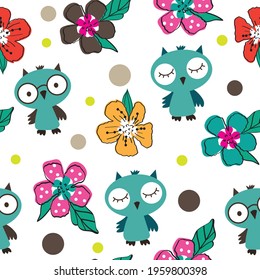 Owl with flowers seamless pattern. Can be used for textile,  background, book cover, packaging.