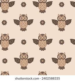Owl and Flowers seamless pattern. Elegant doodle repeat background with cute ethnic birds. Brown and beige colors and nature elements. Vector illustration.