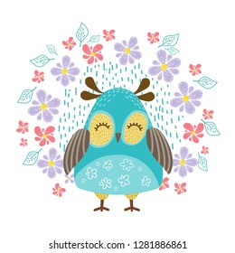 owl and flowers vector illustration